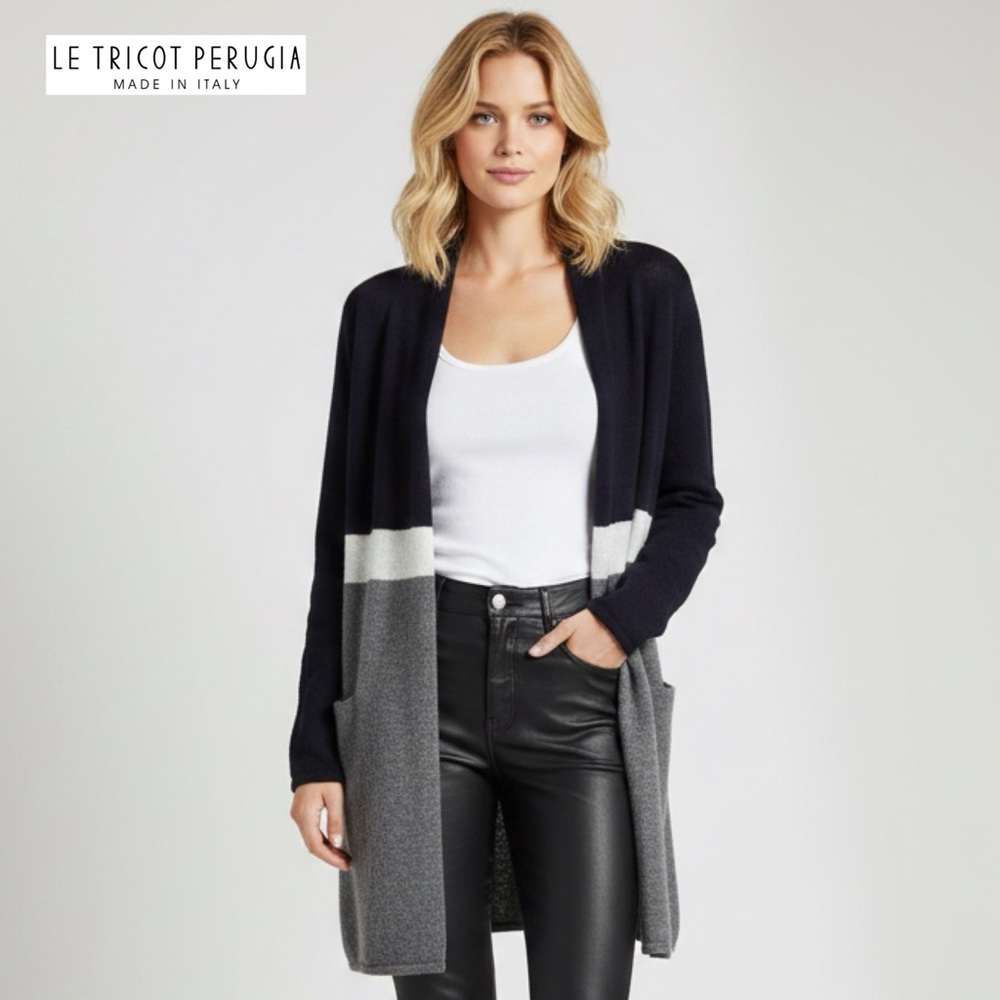 LE TRICOT PERUGIA 100% Cashmere Color Block Open Front Cardigan S Quiet Luxury - Picture 1 of 14